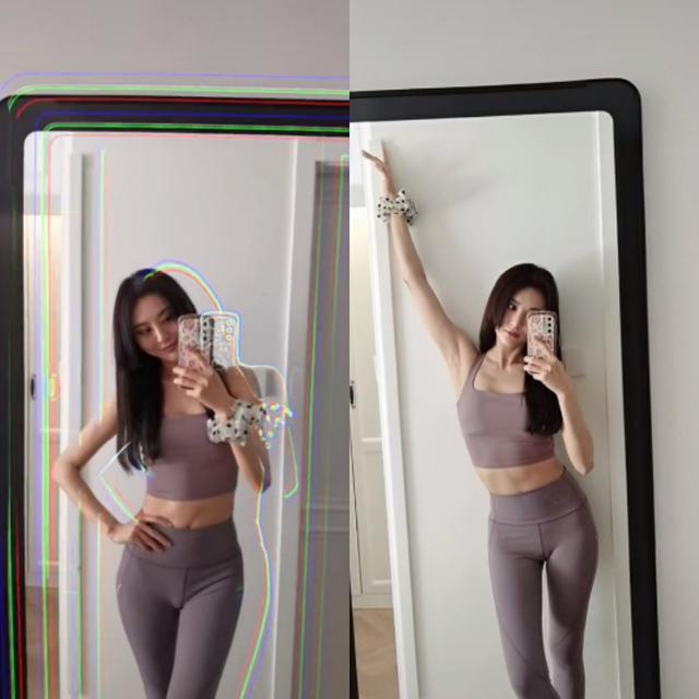 甘露穿健身内衣露细腰，裤子太紧勒出尴尬痕迹，胸下肋骨突出明显 送女朋友