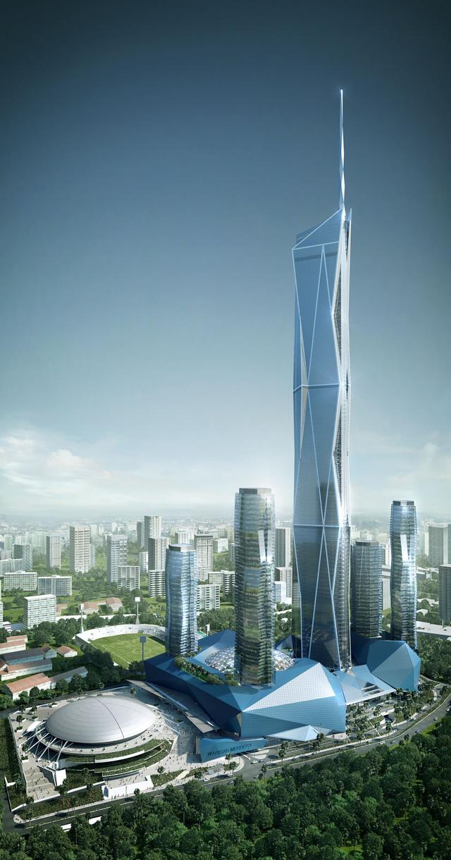 是一座水晶塔,高达644米,它的建成将是东南亚第一高楼,显示马来西亚的