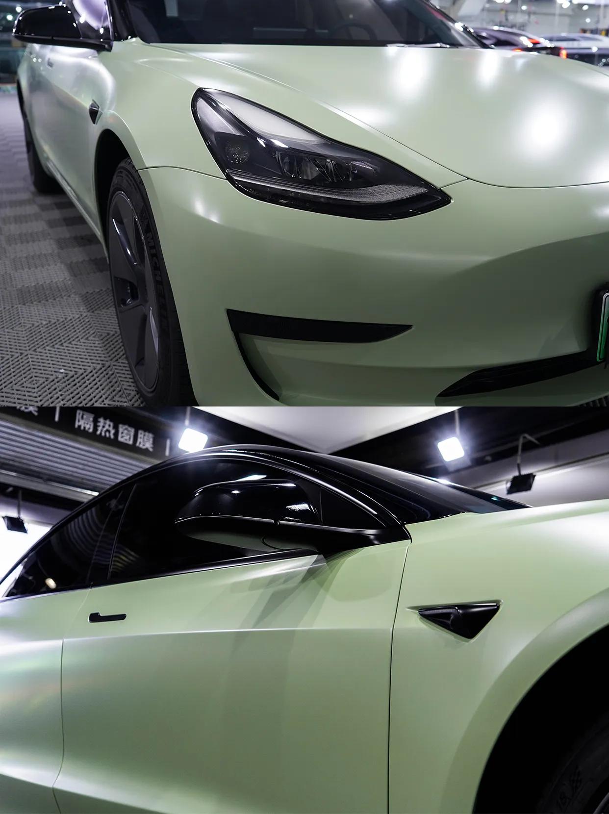 model 3全车改色消光卡其绿,是一种沉稳低调的时尚,像是