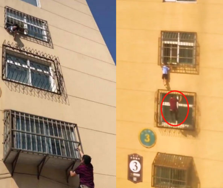 家电维修老人无防护爬上4楼防盗窗救下卡头儿童
