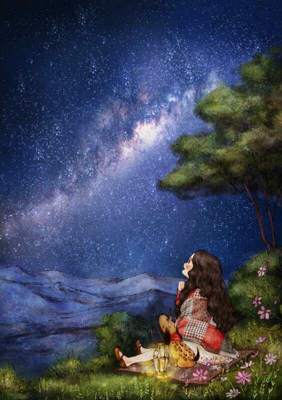 一个小女孩在仰望星空,闪烁的星辰.