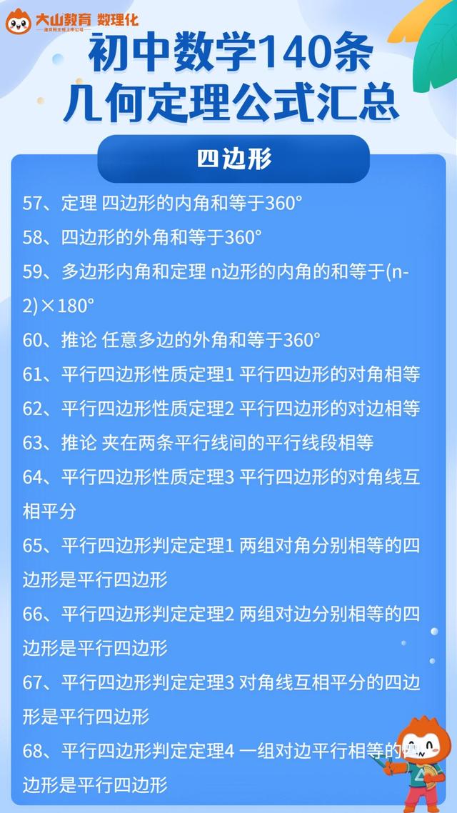 初中数学140条几何公式定理汇总 实用全面 高分必备 全网搜