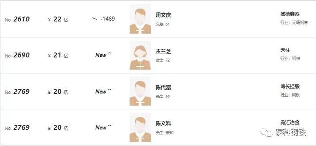 2021年国内钢铁行业富豪榜