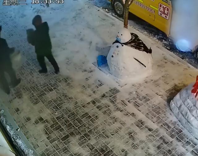 黑龙江一大妈路过幼儿园时，拿走雪人“手臂”，园长看监控很无奈
