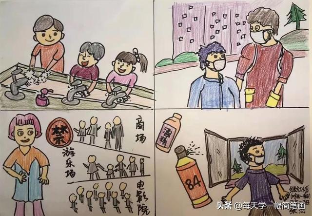 小学生画防疫情的简笔画抗疫小学生画画作品