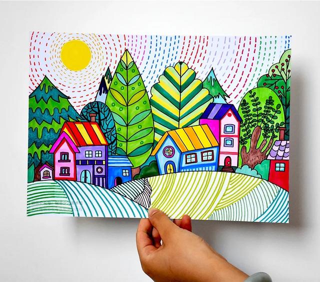 儿童水彩笔画简单好看景物多(简单乡村画画图片大全水彩画)