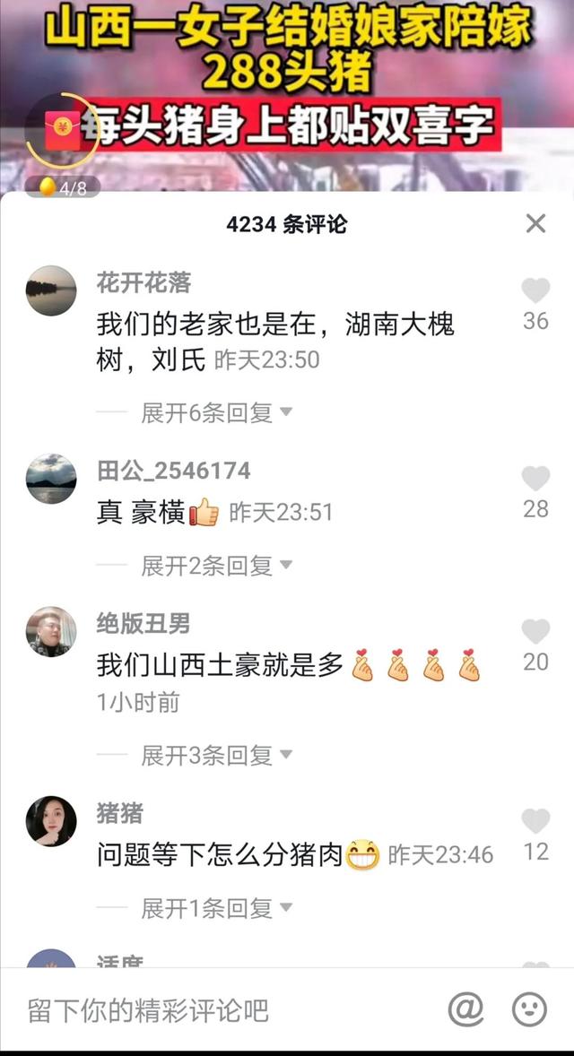 山西女子结婚，娘家陪嫁288头贴大红双喜的猪，此风当贺还是当刹