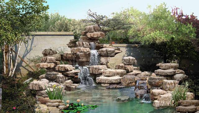 墙角假山水池庭院制作图片