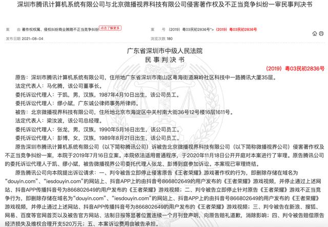 起诉抖音侵权《王者荣耀》，腾讯一审获赔60万