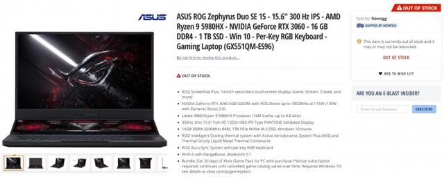 華碩ROG Zephyrus Duo SE 15雙屏筆記本已在新蛋上架