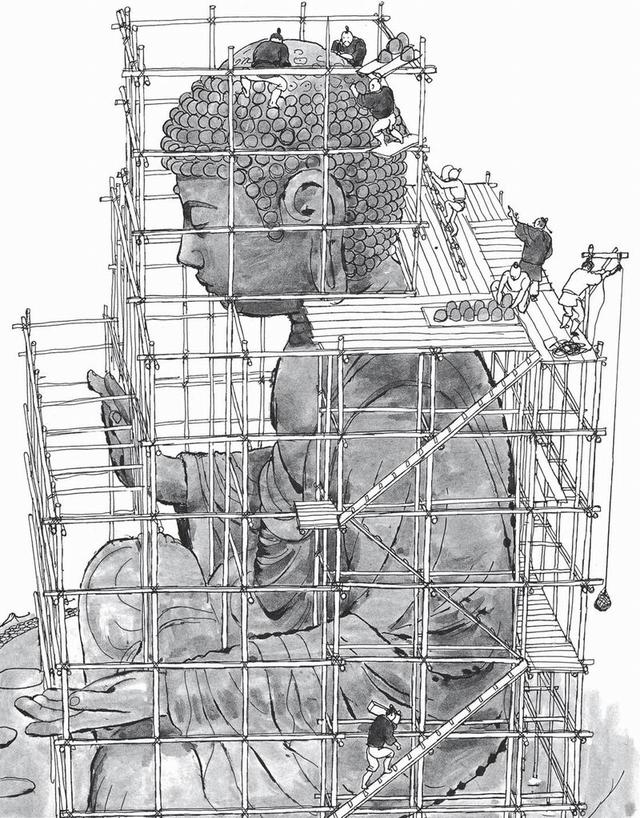 工人安装佛像螺髻接着,人们将残留在大佛原型内部的沙土,木柱骨架取出