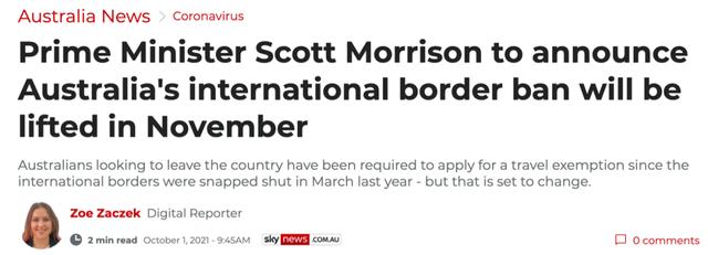刚刚宣布！澳国际旅行禁令下月取消！新州维州将率先开放