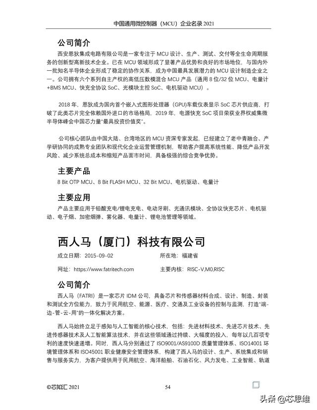 中国通用微控制器(MCU)企业名录 2021