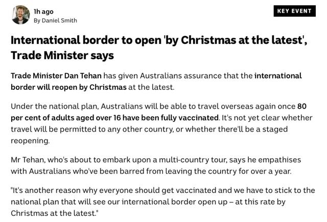 澳洲政府表示：最迟圣诞节前开国境！中国疫苗或将被澳洲认可