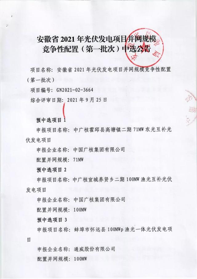 安徽2.117GW光伏+煤电改造名单：阳光新能源、中广核、国家电投、通威、国家能源集团等领衔