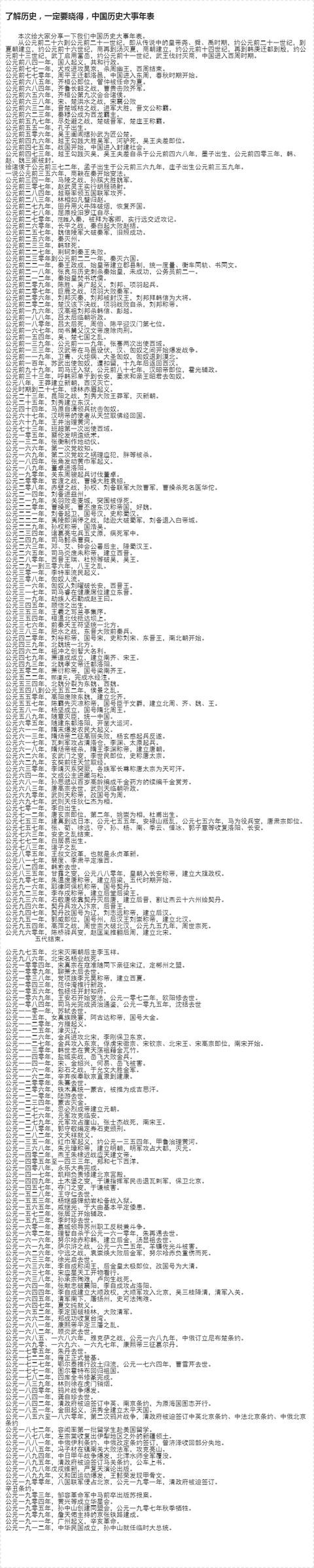 了解历史，一定要晓得，中国历史大事年表