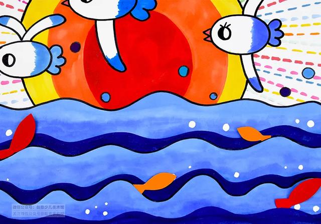 还可以用修正液点出白色的浪花以及用卡纸剪贴的方法表现跳跃的小鱼