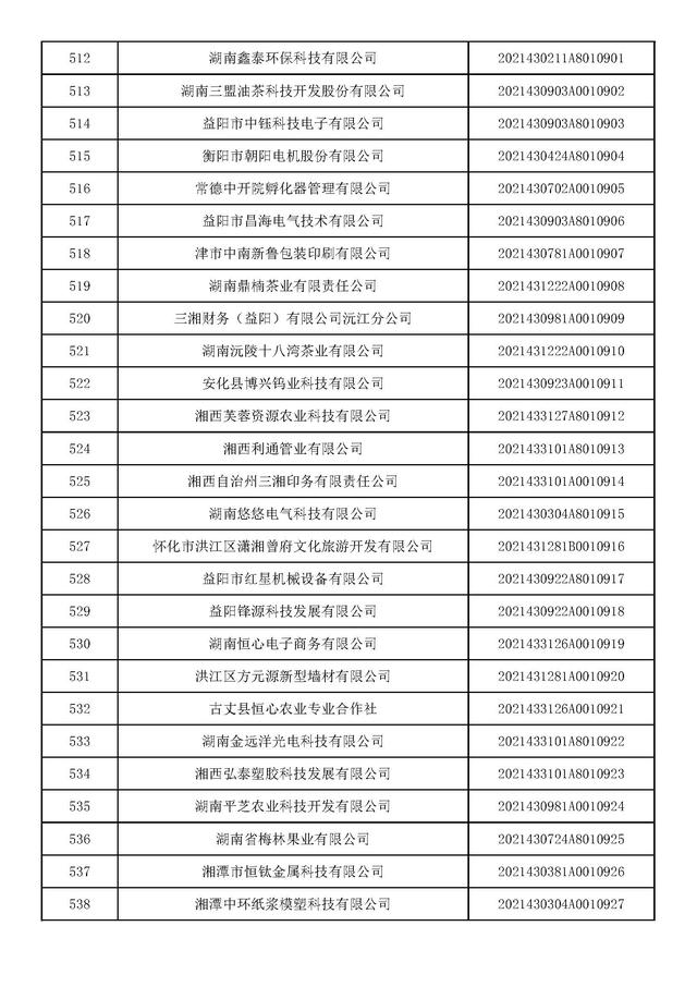 湖南：2021年第九批入库科技型中小企业名单