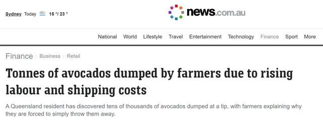 上百吨牛油果被倒掉，澳洲迎来最大食物通货膨胀，物价疯狂暴涨