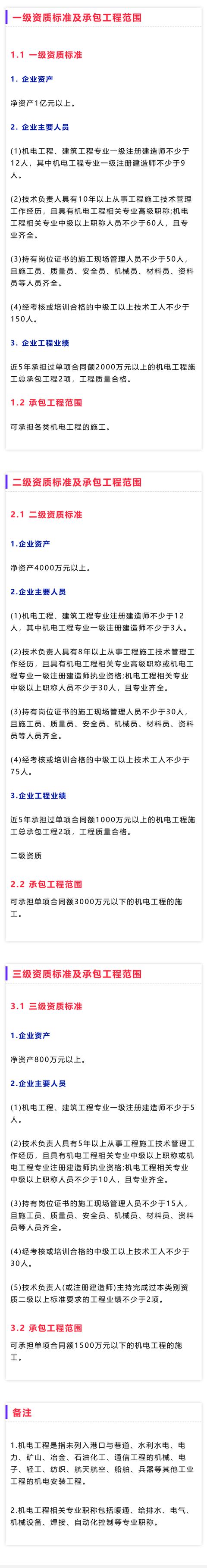 机电工程施工总承包资质标准