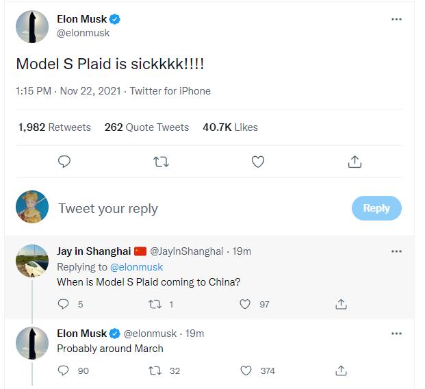 马斯克：特斯拉或于明年3月在中国推出Model S Plaid