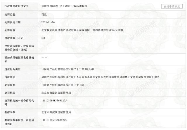 北京我爱我家被海淀区房管局取消网上签约资格，因违规提供经纪服务