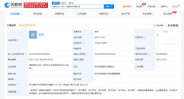 支付宝成立数字马力公司，经营范围含社会经济咨询服务