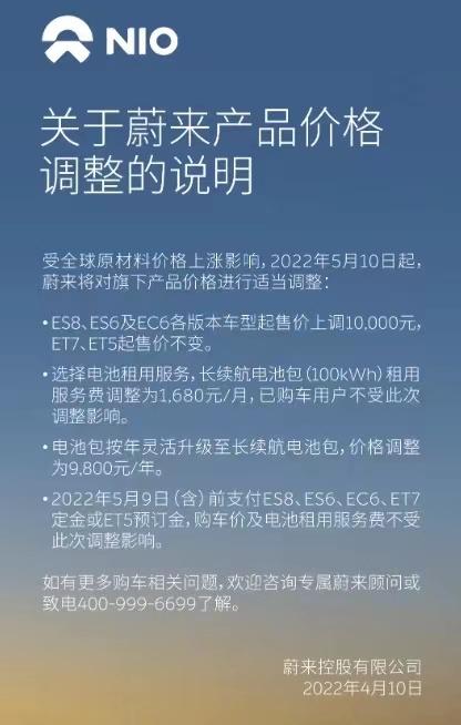 蔚来宣布部分车型涨价1万元 李斌：原材料涨得太多 扛不住了