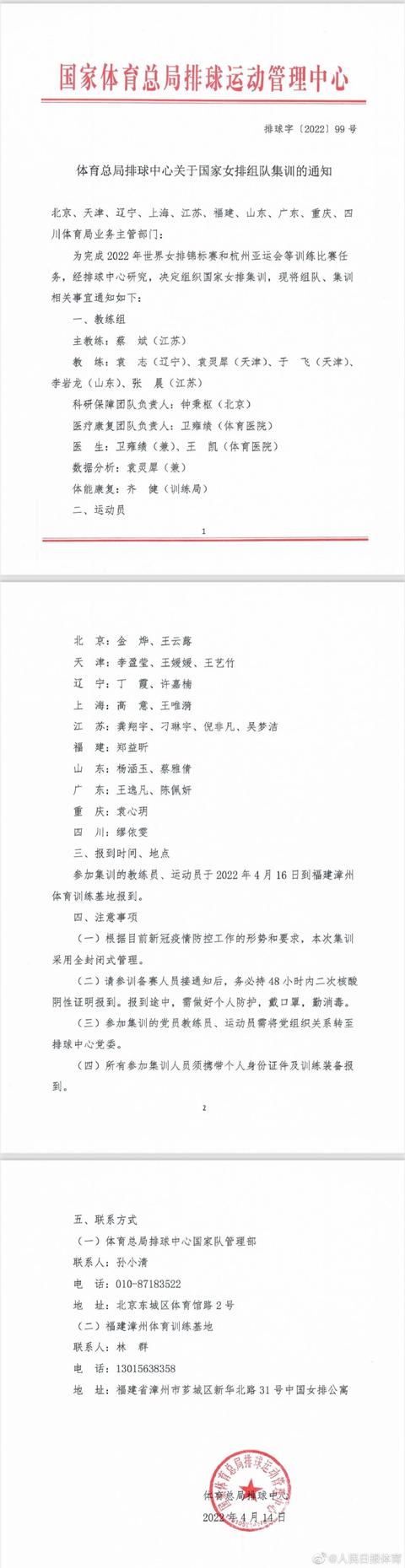 中国女排新一期大名单公布