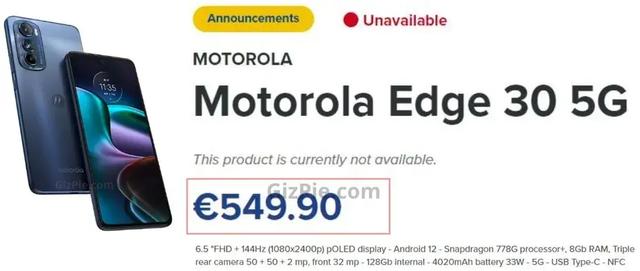 Edge 30 5G偷跑：零售价550欧元 6.5吋FHD+ 144Hz屏幕
