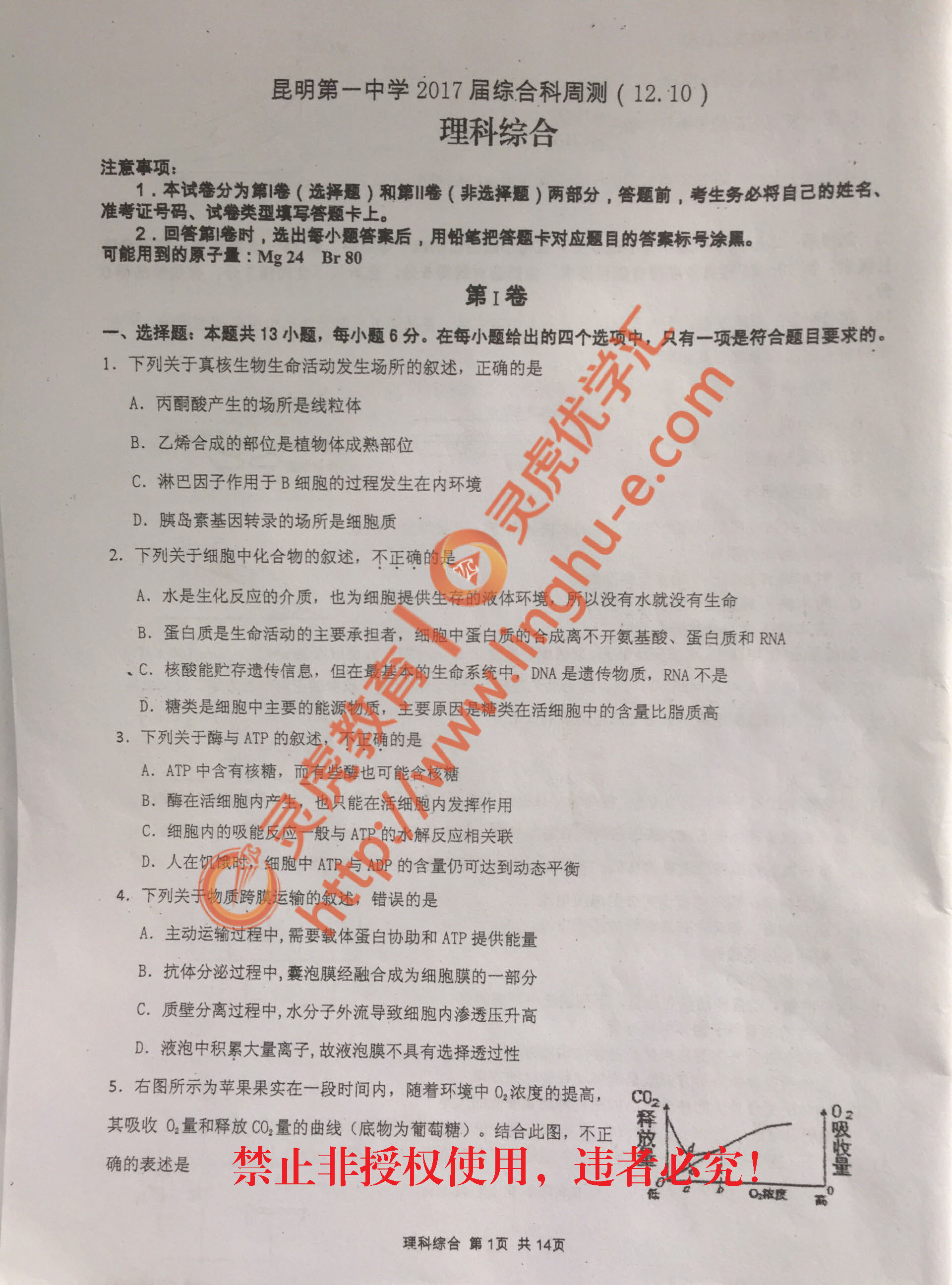 昆明第一中学2017届综合科周测卷-理科综合（一）