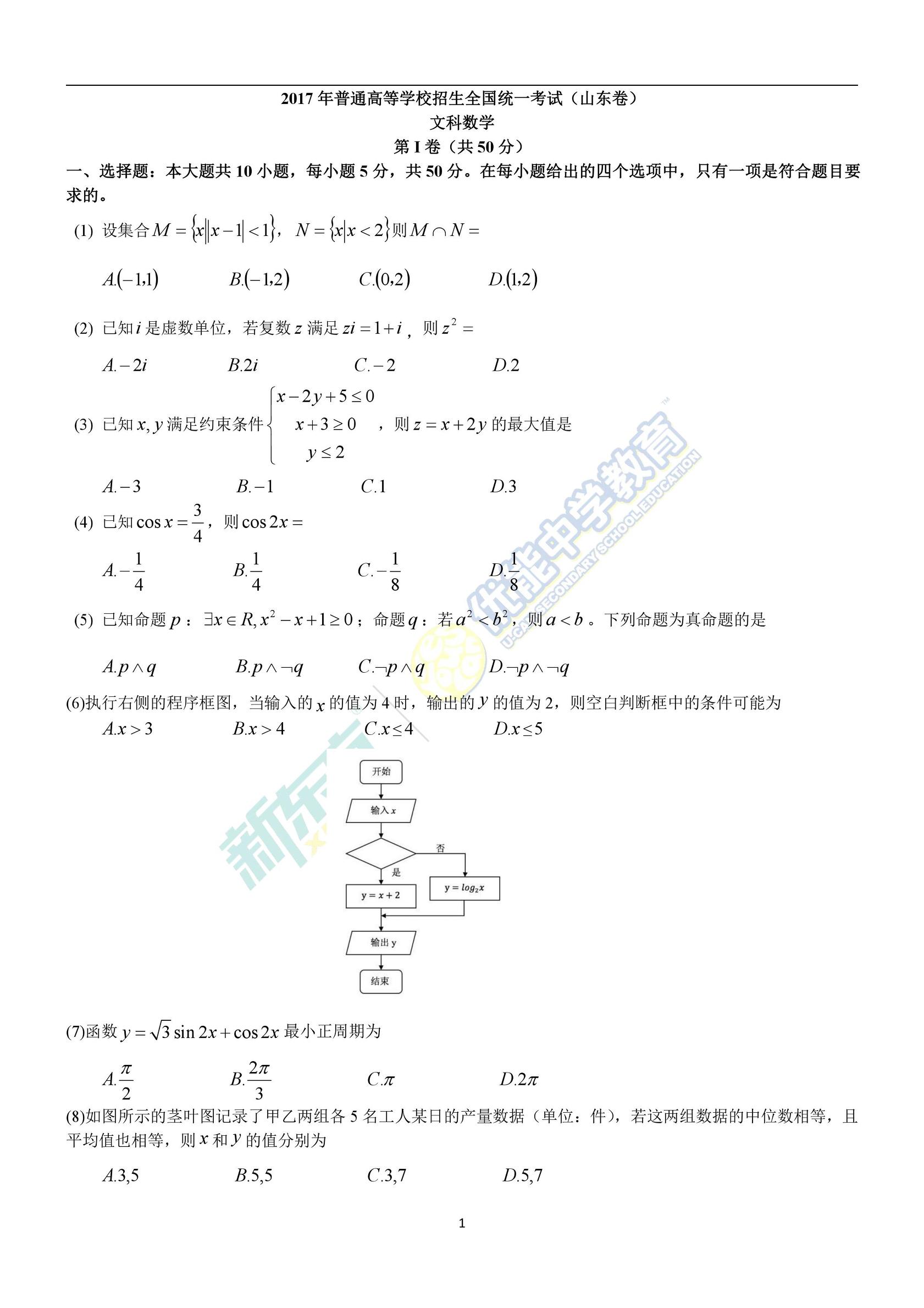 2017高考答案数学山东（2017高考数学山东卷）
