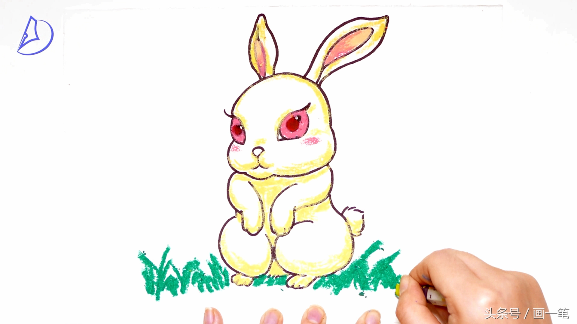 彩色蜡笔画，在冬日小雪里，一只聪明的狐狸在树下等待着