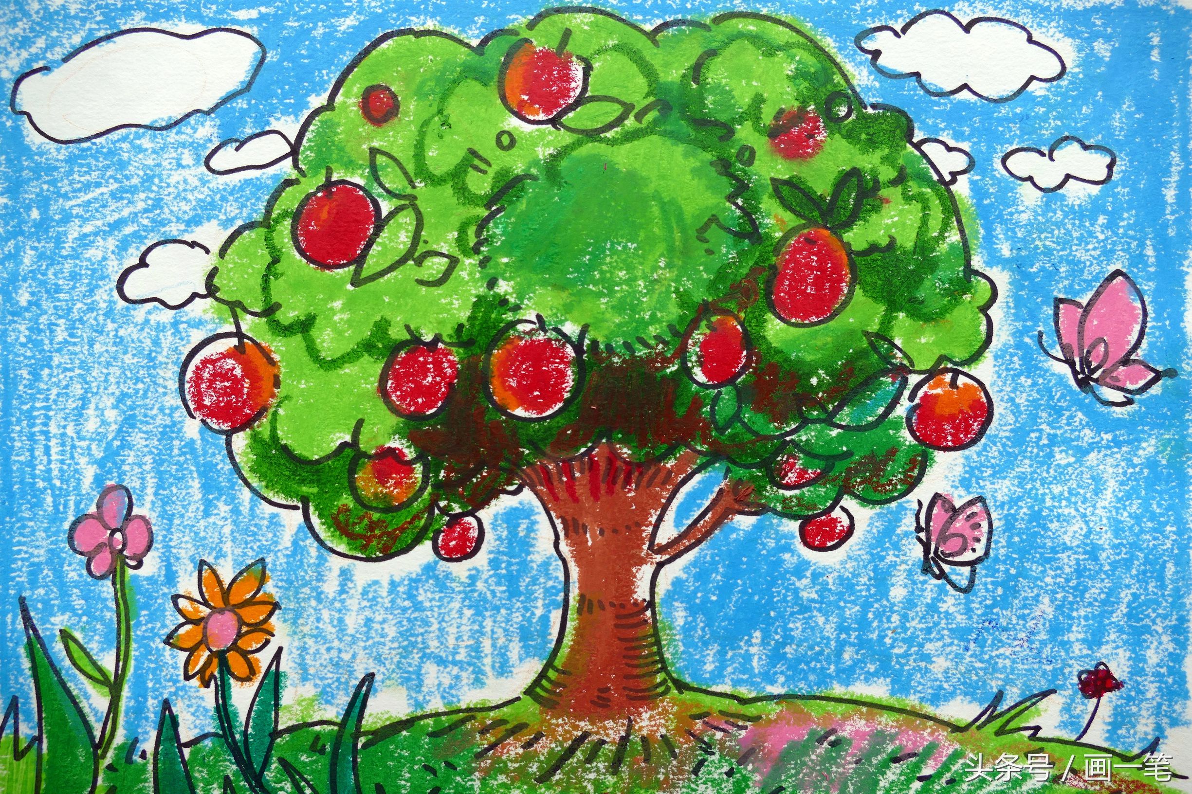 苹果树图片简笔画(蜡笔画) - 赤虎壹号
