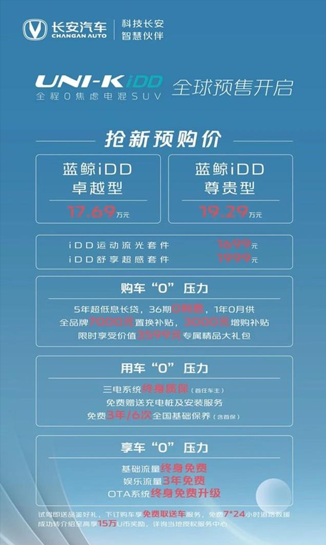 纯电续航130Km 综合油耗0.8L 长安UNI-K iDD预售价17.69万起