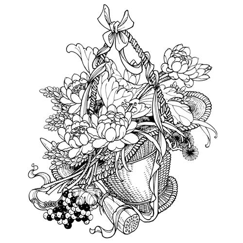 唯美花篮高清白描线稿图片下载15幅