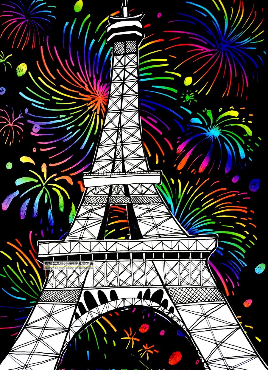儿童画教程|综合创意画--线条练习之夜空下的埃菲尔铁塔