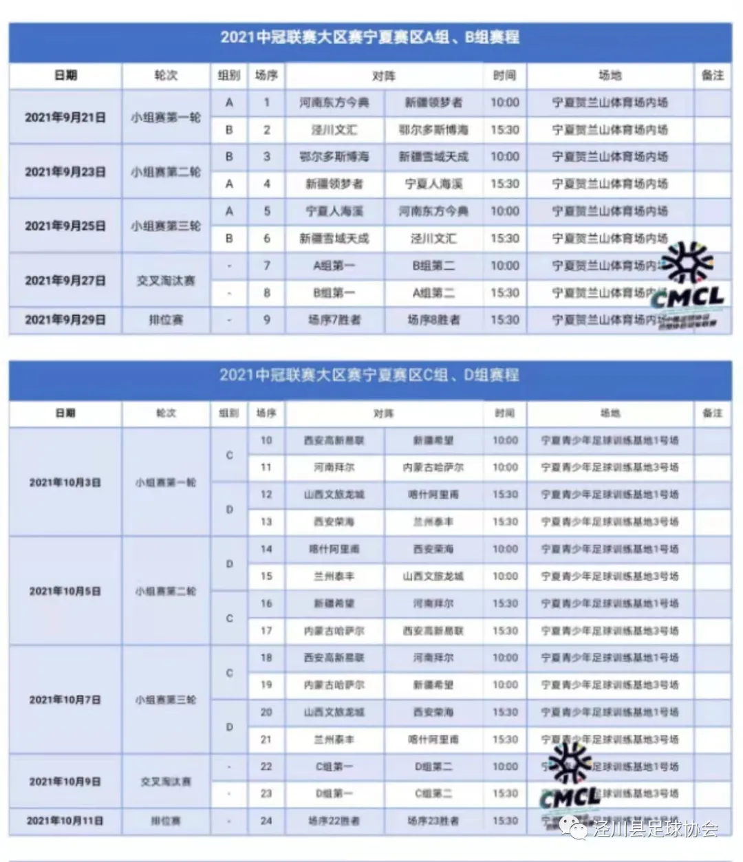 2021中国足球协会会员协会冠军联赛赛程表