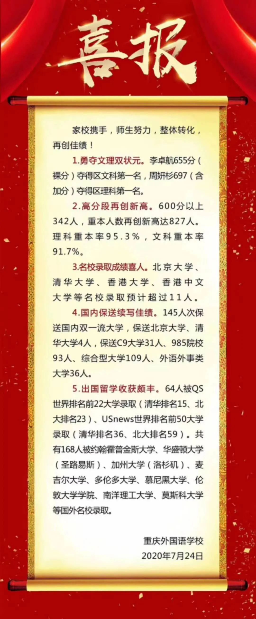 重庆主城区部分中学高考喜报