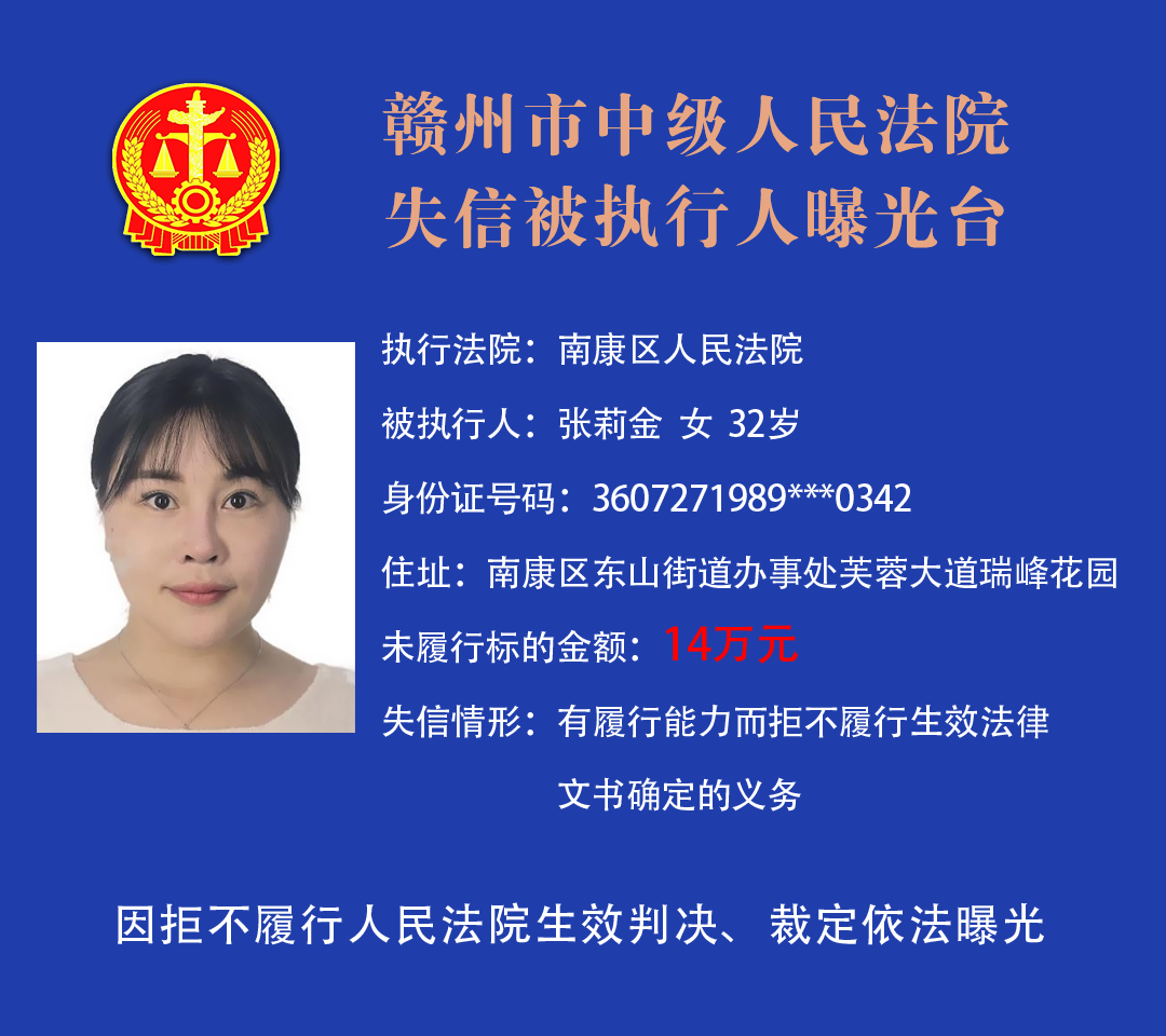 赣州市中级人民法院曝光2021年最新失信被执行人名单