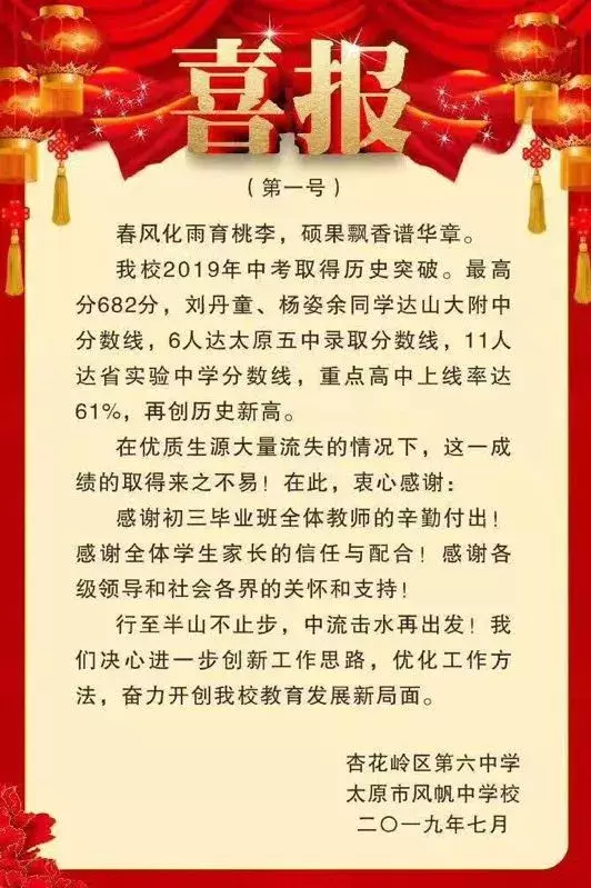 「2019太原中考喜报」太原各学校中考喜报汇总