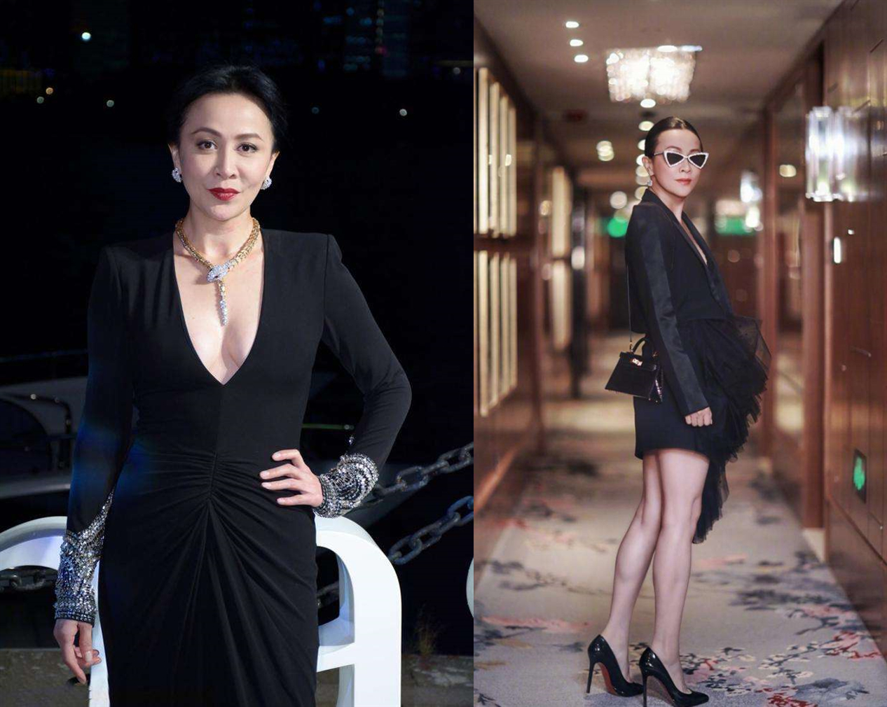 Carina Lau pair of black silk miniskirt, foot 20 cm high heels! This is a 55-year-old woman that looks like it