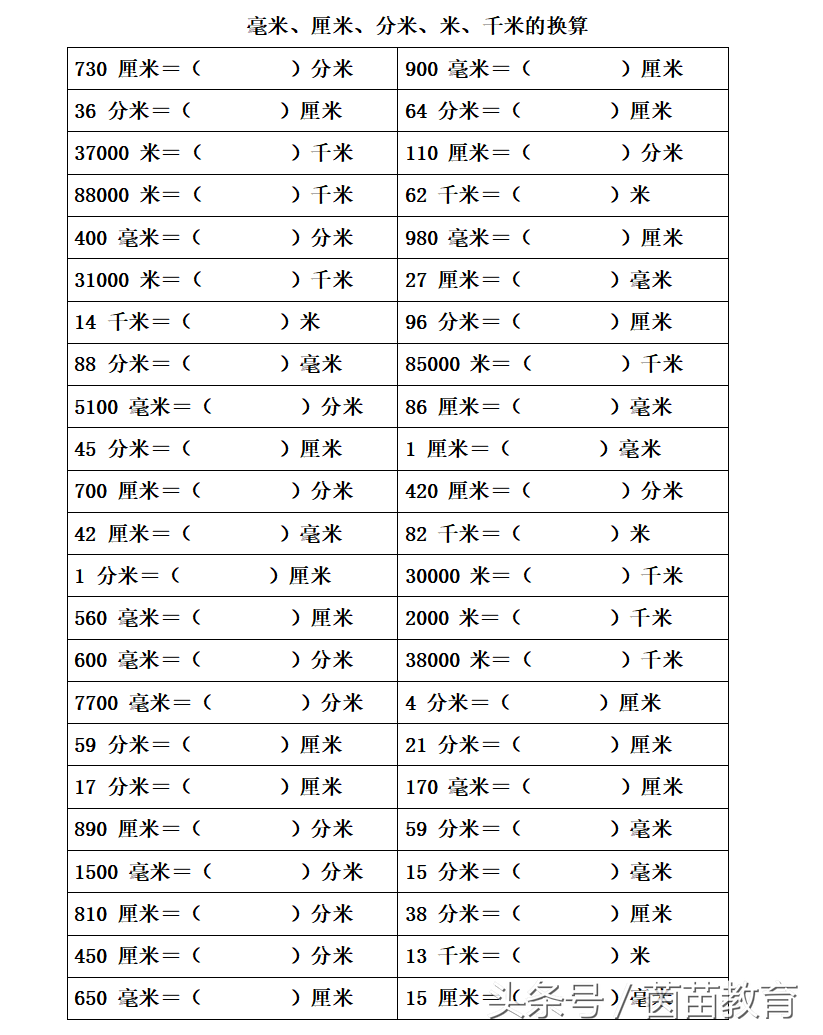 mm是什么单位(长度单位（毫米、厘米、分米、米、千米）的换算专项练习)