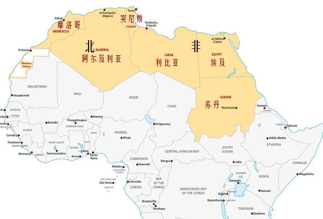 非洲的地理区域划分:北非,东非,中非,西非和南非五大地区