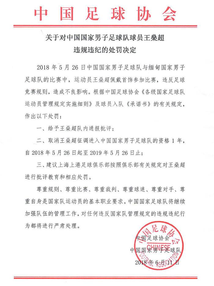 足球比赛为什么不能带饰品(佩戴首饰造不良影响！足协：取消王燊超国脚资格1年 批评教育)