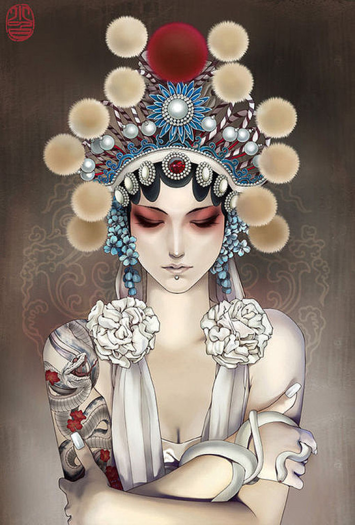 古风 手绘 水彩 插画:戏子入画,谁拿流年 乱了浮华