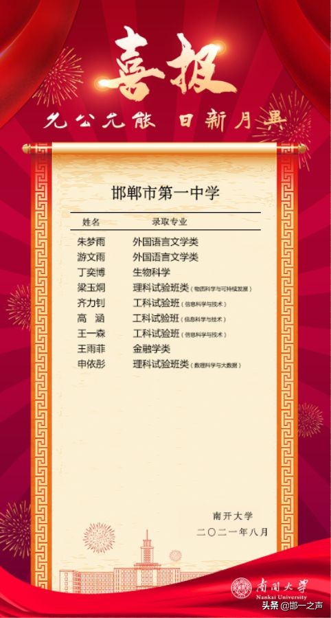 「邯郸市一中」多所著名高校向学校发来2021届高三录取喜报