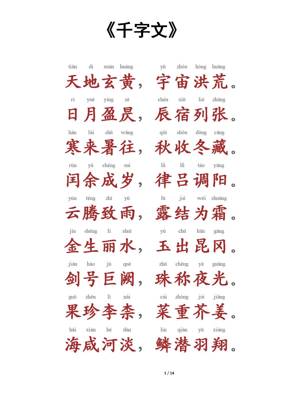 千字文全文及译文，另有注音版，可保存打印