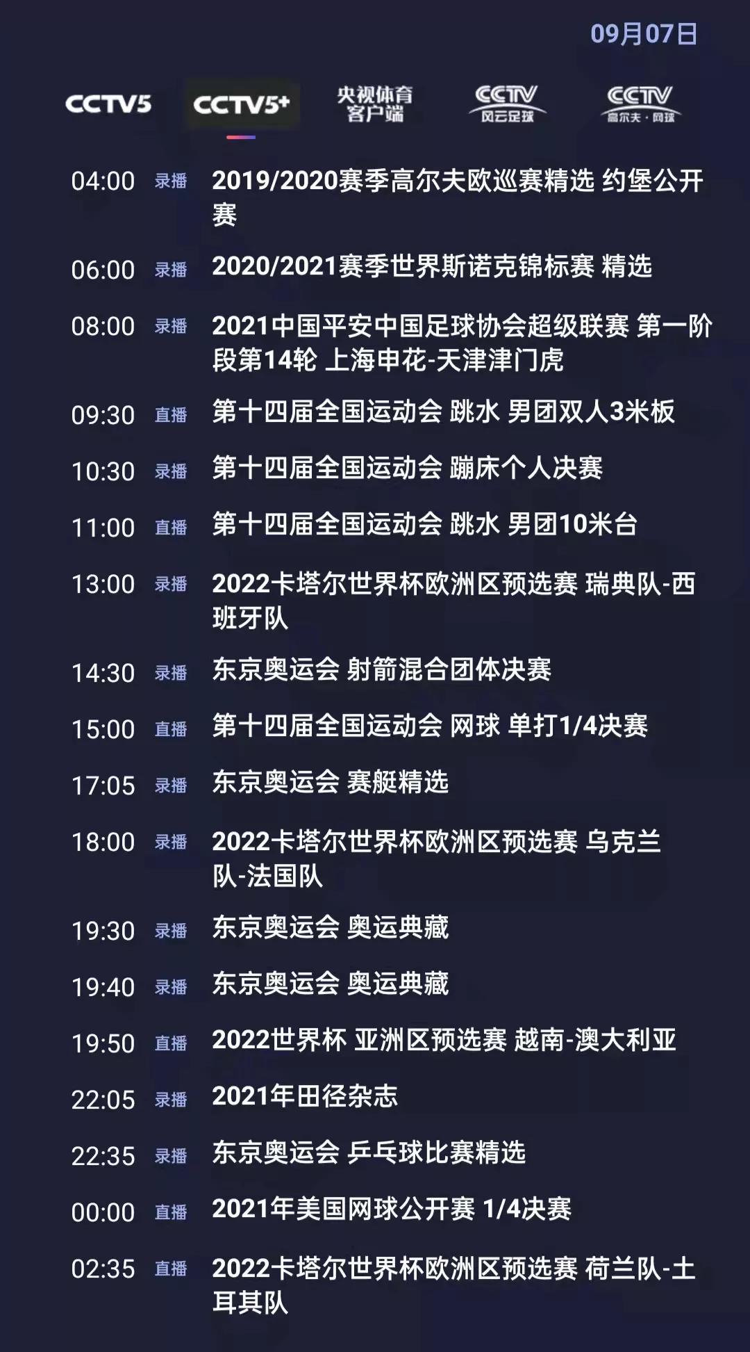 央视体育今日节目单：世界杯亚洲区预选赛(中国-日本)，CCTV5直播