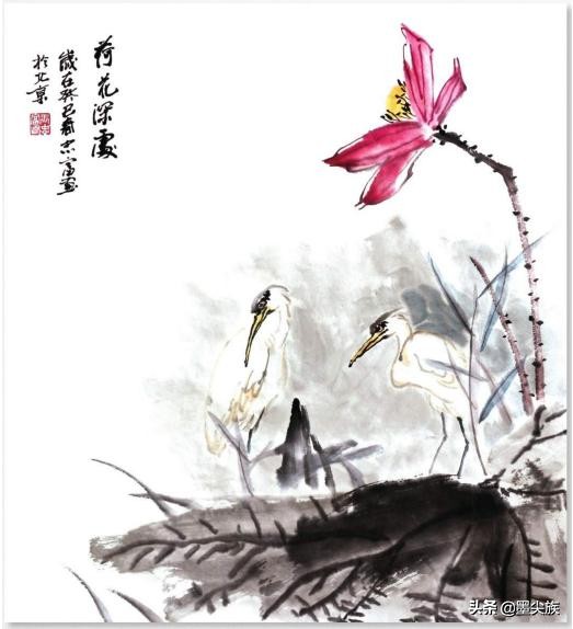 一步步教你画这幅白鹭作品荷花深处